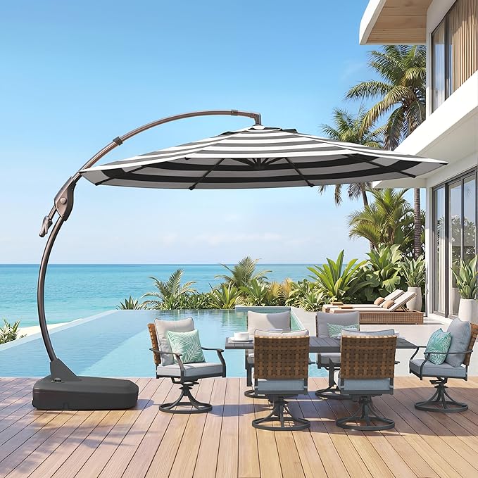 Grand patio 12FT Outdoor Round Offset Umbrella Large Patio Aluminum Cantilever Umbrella with Base for Garden Deck Poolside (Black & White, 12 FT)