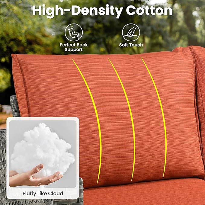 ovios 6 Pieces Patio Furniture Set, Outdoor Wicker Sofa Couch with Rocking Swivel Chairs Comfy Cushions, Modern Deep Seat Rattan Conversation Sets for Deck Porch, Orange Red