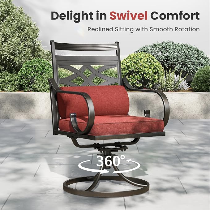 PHI VILLA Outdoor Dining Set with Umbrella for 4, 42" Metal Round Table & Wrought Iron Swivel Chairs, Patio Furniture with Red Cushions & Pillows for Deck, Porch