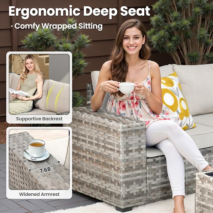 ovios 12 Pieces Patio Furniture Set, Outdoor Wicker Sectional Sofa with Coffee Table Comfy Cushions, Modern Modular Deep Seat Couch Rattan Conversation Set, Beige