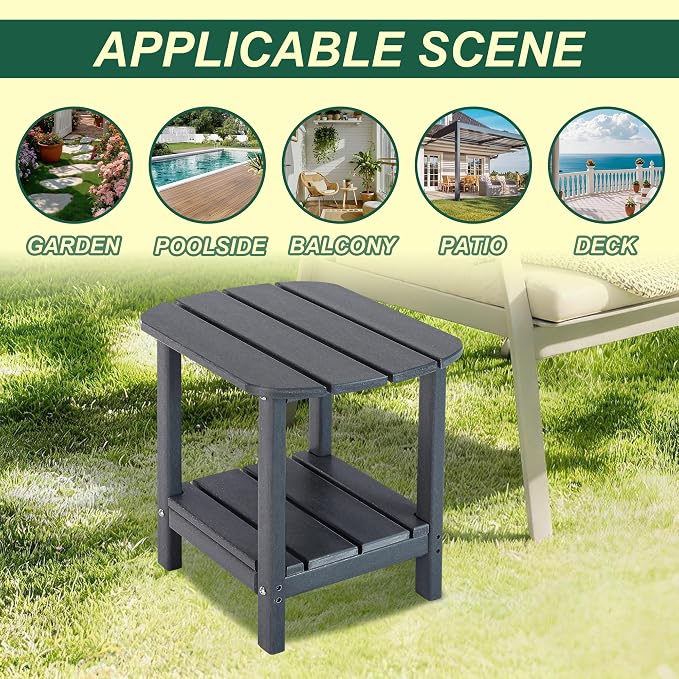 LZRS 2-Tier Patio Side Table, Heavy Duty HDPE Outdoor End Table with Wood Texture, Weatherproof Composite Table for Adirondack Chairs, Deck, Pool, Indoor/Outdoor, No Peeling Cracking(Grey)