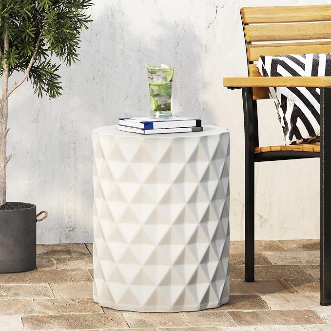 Outdoor Side Table 15.25" Geometric Shape Lightweight Concrete-Look Outdoor Indoor Accent Table Decorative Garden Stools, for Patio Porch Living Room, White
