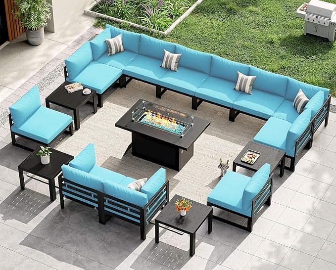NICESOUL 12 Seat Extra Large Aluminum Patio Furniture Set with Fire Pit Table & End Table, 29" Wide Deep Seating, All-Weather L Shaped Outdoor Sofa, Contemporary Conversation Set for Garden, Turquoise