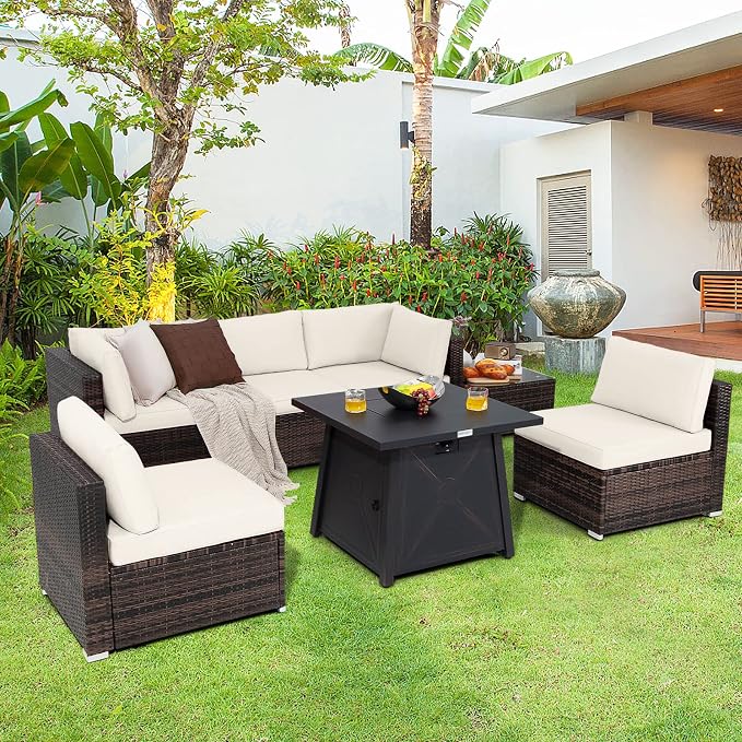 Tangkula 7 Piece Patio Furniture Set w/Fire Pit Table, Patiojoy Outdoor Rattan Conversation Sofa Set w/30 Square Propane Fire Pit Table, 50,000 BTU Heat Output, Protective Cover Included (Off White)