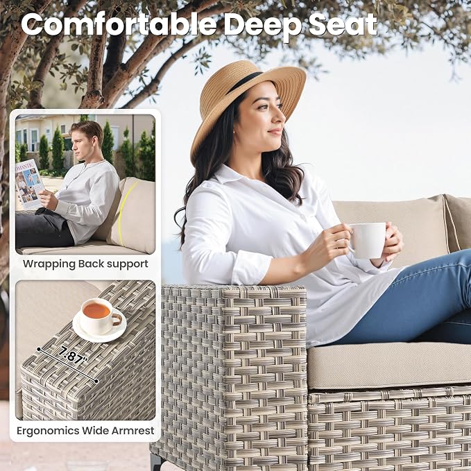 ovios 8-Piece Patio Furniture Set with L-Shape Sofa Chaise, Outdoor Sectional Couch Swivel Gliders, Modern Modular Wicker Rattan Conversation Set, Beige