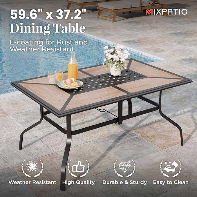 MIXPATIO Outdoor Patio Dining Set 7 Piece Furniture Set with 6 Blue Textilene Chairs and Wood-Like Table Top Rectangular Table for Deck Garden Backyard Lawn Poolside