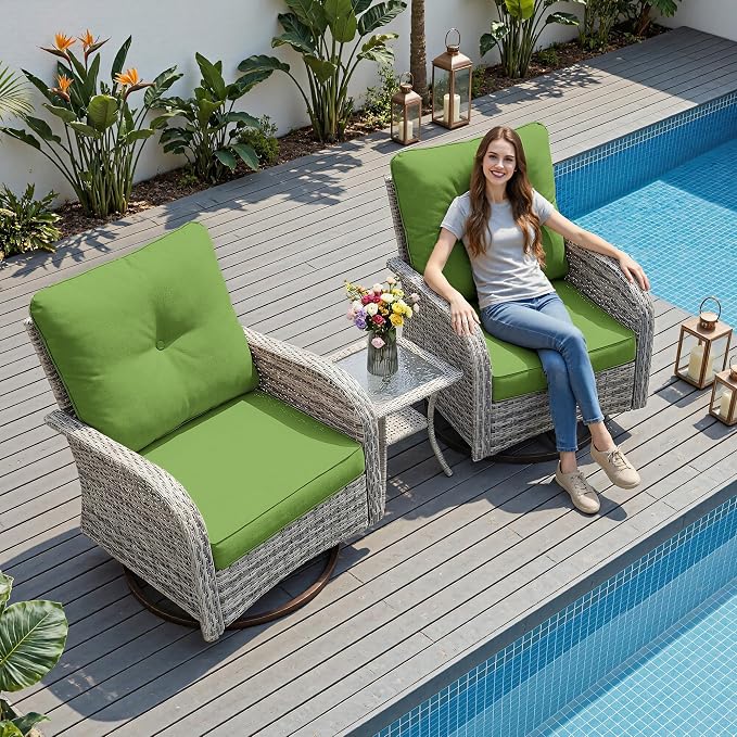 3-Piece Small Patio Furniture Set, Outdoor Swivel Rocking Chairs Set with Wicker Chairs and Tempered Glass Side Table, Outdoor Furniture Patio Bistro Set for Balcony, Deck, Porch
