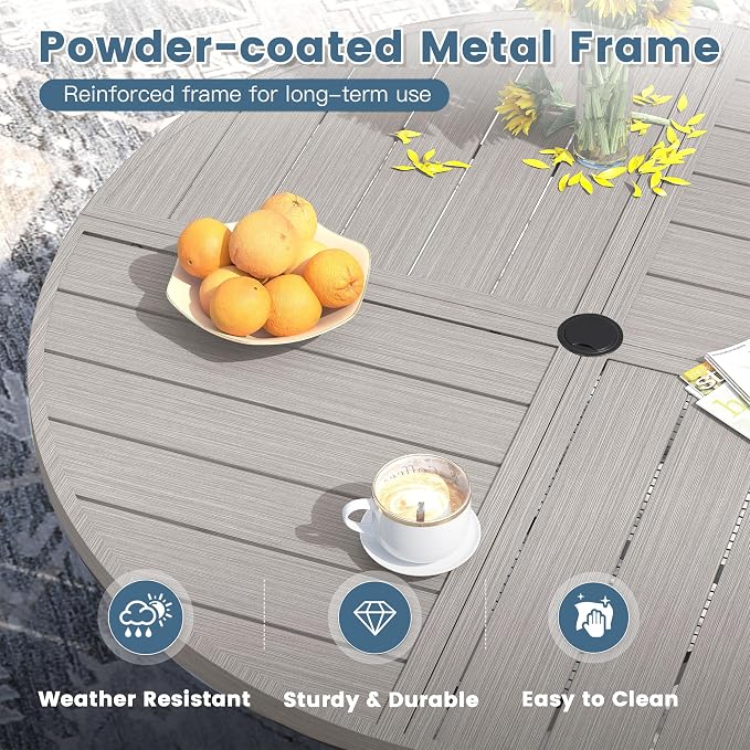 DIFY 9 Piece Outdoor Dining Set, Metal Patio Table and Chairs Set, 59.8" Grey Wood-Like Round Dining Table & 8 Sandshell Padded Textilene Swivel Patio Chairs, Outdoor Furniture Set for Garden Backyard