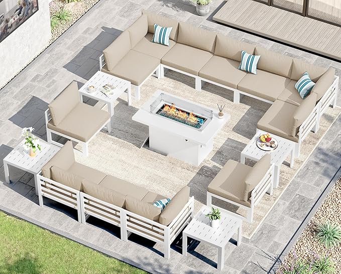 NICESOUL 17 Piece Oversized Modular Aluminum Outdoor Furniture Set with Fire Pit & Side Table, 29" Deep Wide Sectional Seating, 500 lbs High Weight Capacity Patio Conversation Set for Garden, Beige