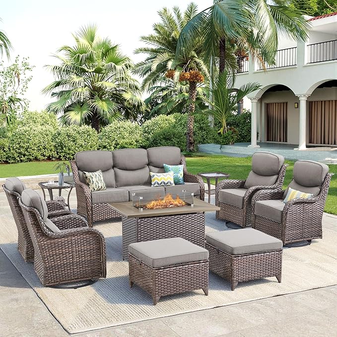 Luxury Patio Furniture Set with Fire Pit Table-10 Pieces All Weather Outdoor Swivel Rocker Chairs with Sofa and Ottomans. Outdoors Patio Conversation Sets for Porch Deck Garden(Brown/Grey)