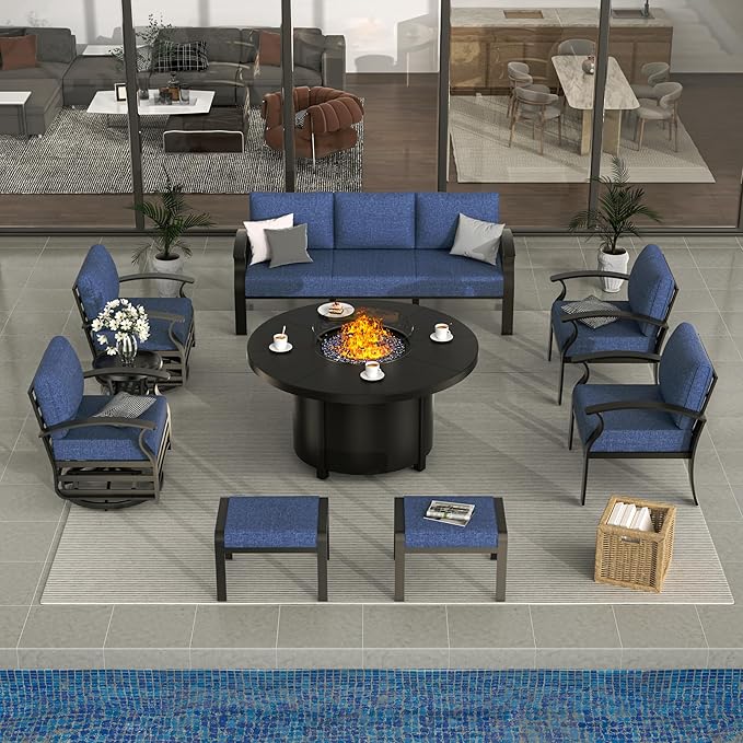 ALAULM Aluminum Patio Furniture Set with Round Propane Fire Pit Table 9-seat Metal Outdoor Furniture w/Swivel Chairs & 2 Ottomans Patio Sectional Sofas for Porch, Lawn, Poolside（DarkBlue