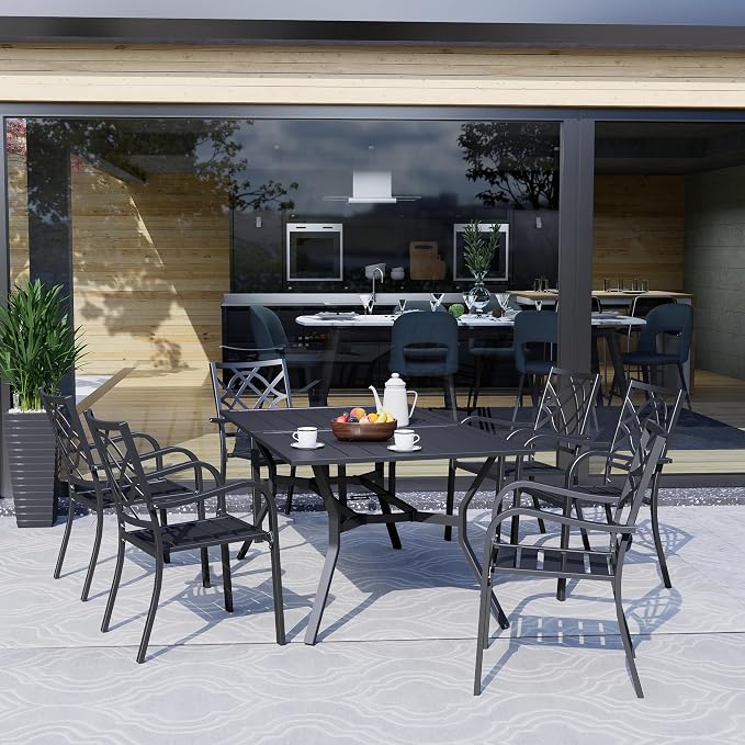 SOLAURA Outdoor Dining Table, 60" x 38" Patio Metal Steel Slat Table for 6-Person with 1.57" Umbrella Hole, for Gardens or Backyards, Black