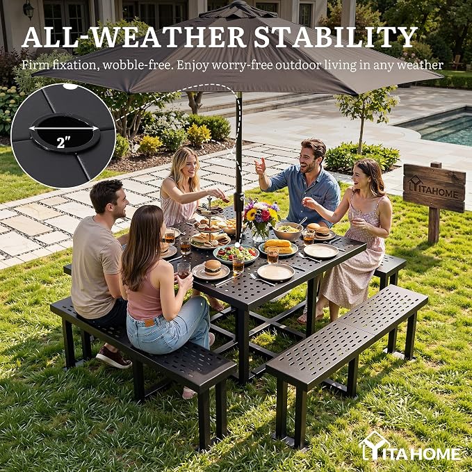 YITAHOME Commercial 38" Square Q235 Carbon Steel Picnic Table, Heavy Duty Metal Outdoor Table Set with Umbrella Hole, Industrial Grade Park Furniture (Black)