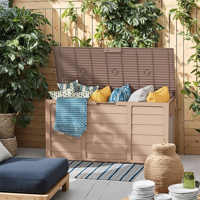 Crownland Outdoor 75 Gallon Storage Deck Box, Weatherproof Woodgrain Patio Storage Box for Balcony, Garden, Backyard (Light Brown)