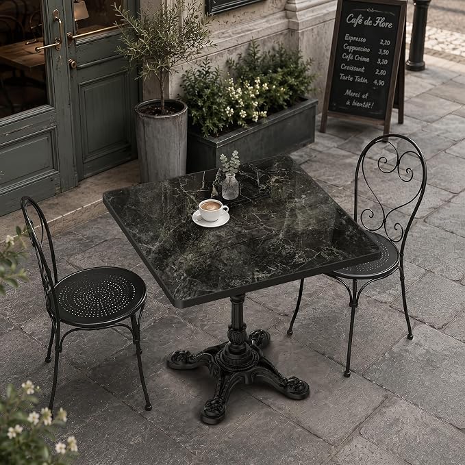31.5" Outdoor Dining Table, Square Bistro Table w/Sintered Stone Tabletop | and Cast Iron Base, Weather Resistant Anti-Rust Small Patio Table for 2-4 for Outdoor Garden Café Use (Midnight Black)