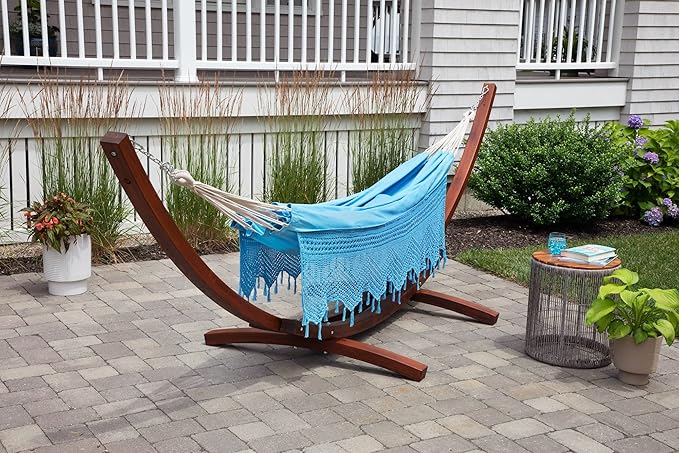 Bahia Brazilian Patio Hammock Crochet Cotton Hammock Double Hammock for Two People Outdoor Patio Swing Chair Hand Woven Mayan Hammock Use Inside Outside Backyard Decor Porch Swing - Blue
