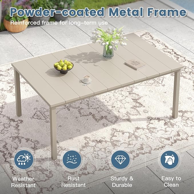 DIFY 7 Piece Outdoor Patio Dining Set for 6, 63" Rectangle Metal Dining Table and Swivel Patio Chairs with Padded Textilene, All-Weather Outdoor Furniture Set for Garden Backyard Porch, Sandshell