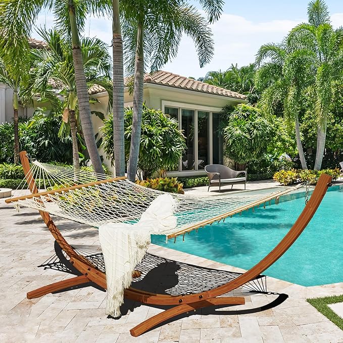 Lazy Daze Hammocks 12 FT Double Rope Hammock and 13 FT Brown Wooden Arc Stand, 2 Person Hand Woven Cotton Hammock with Spreader Bar for Outdoor Patio Poolside, 450 lbs Capacity, Natural