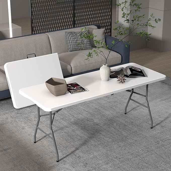 Allpop 6Ft Folding Table for Indoor Outdoor, Fold-in-Half Portable Plastic Dining Table with Carrying Handle for Picnic Party Camping, White
