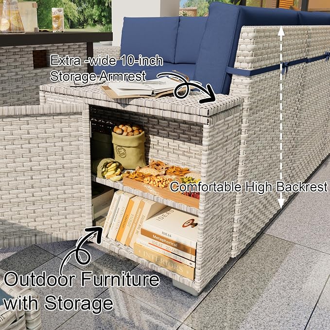 12 Pieces Patio Conversation Set, Rattan Furniture Set with Wide Armrests and Coffee Table, Outdoor Modular Sectional Couch Wicker Sofa for Garden Backyard Balcony Porch Deck (Blue Cushions)