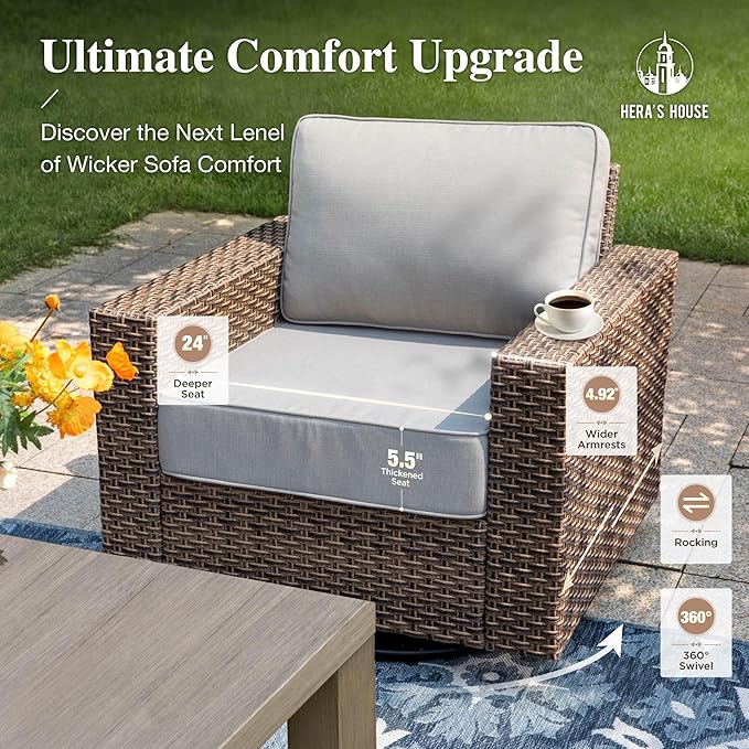 Patio Furiture Set with Swivel Glider Chairs, Outdoor Wicker Conversation Set with 5.5" Thick Cushions, 6 Pieces Deep Seating Outside Sofa Set with 4.92" Wide Armrests for Deck Lawn, Grey