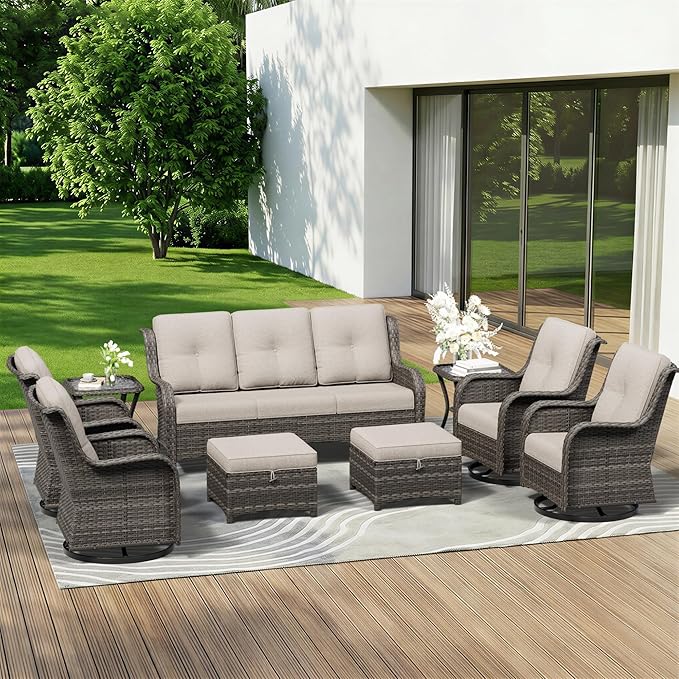 9 Piece Outdoor Wicker Patio Furniture Set, Outdoor Swivel Rocker Patio Chairs Set with Thickened Olefin Cushions, High Back and Deep Seating, Hand-Woven PE Rattan for Porch, Deck