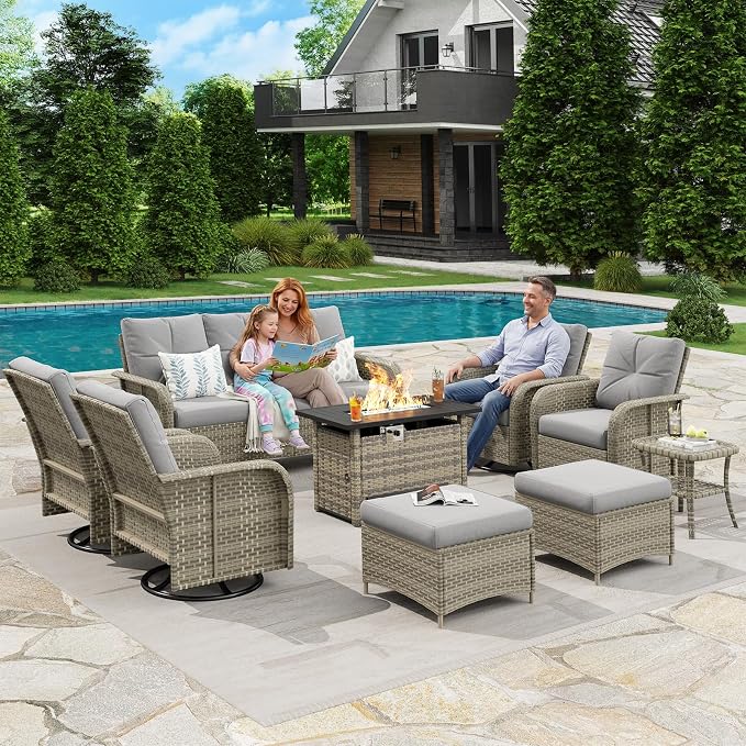 LazySunsets Luxury 12-Piece Patio Furniture Set with 44'' Fire Pit Table, 360° Swivel Chairs, Wicker Rattan Sofa & Thick Cushions, Outdoor Conversation Set for Backyard, Poolside & Garden, Beige/Gray