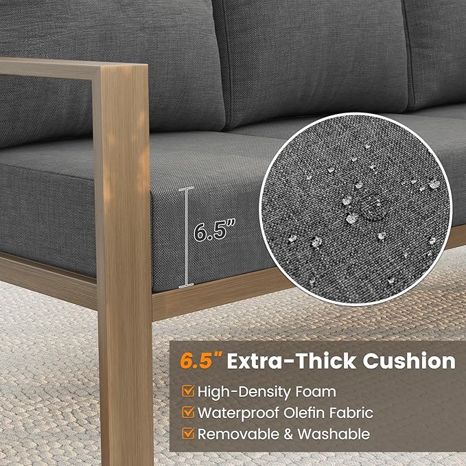 6 Pieces Patio Furniture Set, Wood-Look Metal Outdoor Sectional Furniture Conversation Set, L Shape Patio Couch with Side Table, 6.5" Thick Olefin Cushions for Garden, Backyard, Deck(Dark Grey)