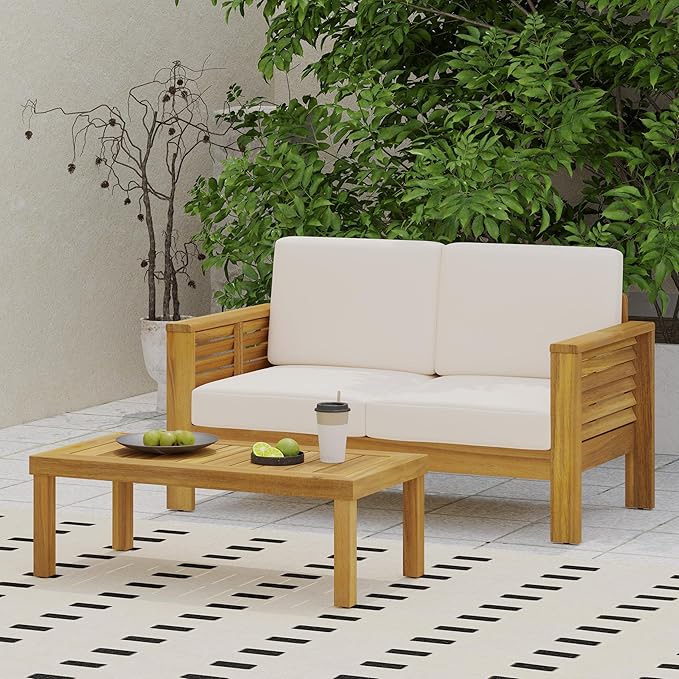 Merax Outdoor Acacia Wood Loveseat and Coffee Table Patio Conversation Set with Cushions for Backyard