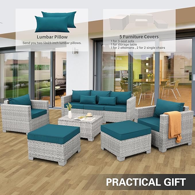 WAROOM Patio Furniture Set 6 Piece PE Rattan Outdoor Conversation Sets Grey Wicker Couch Sectional Sofa with Storage Coffee Table and Peacock Blue Cushion