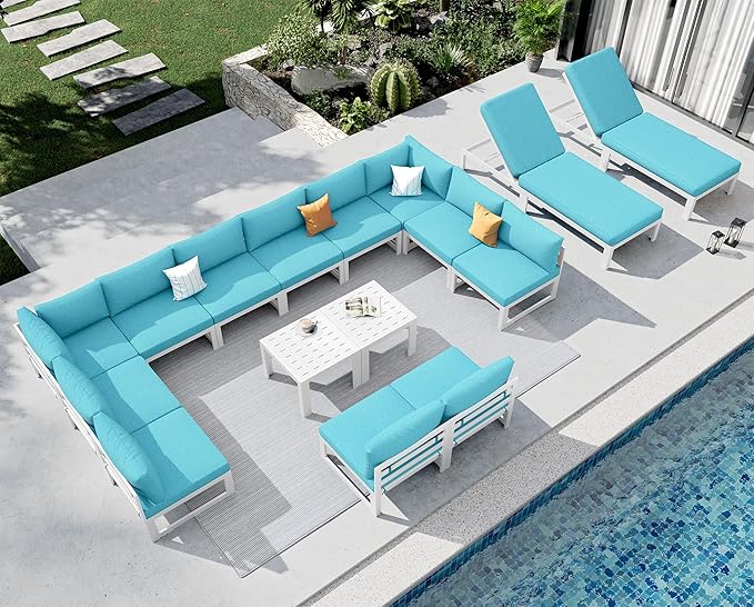 NICESOUL Oversized Modern Aluminum Outdoor Patio Furniture Set with Chaise, 29" Wide Deep Seating, Fade Resistant Sectional Sofa, 500lbs Heavy Duty Comfortable Poolside Conversation Set, Turquoise