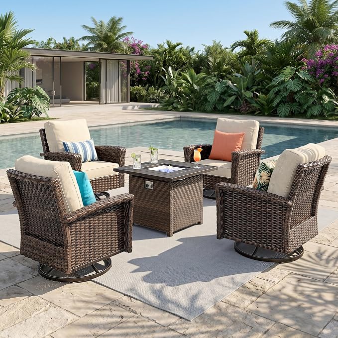 HERA'S HOUSE 5-Piece Patio Furniture Set with Outdoor Swivel Chairs & Fire Pit, High Back Wicker Conversation Sets with 5.5" Thick Cushions, All-Weather Deep Seating Sofa, Beige