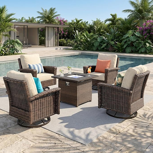 HERA'S HOUSE 5-Piece Patio Furniture Set with Outdoor Swivel Chairs & Fire Pit, High Back Wicker Conversation Sets with 5.5" Thick Cushions, All-Weather Deep Seating Sofa, Beige