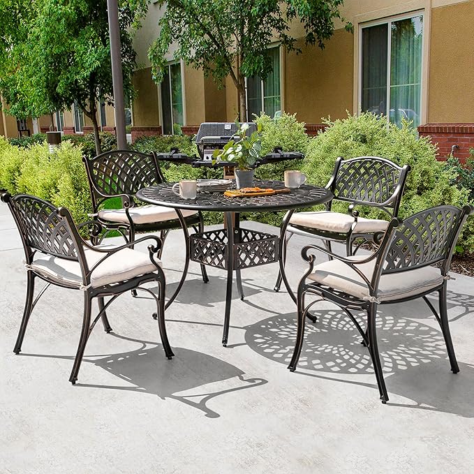 NUU GARDEN 5 Piece Outdoor Patio Dining Set with Beige Cushions, Cast Aluminum Round Dining Table with Umbrella Hole and Patio Dining Chairs for Garden, Balcony, Black with Bronze Edge