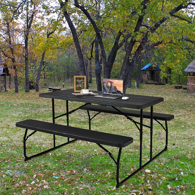 Giantex 4.5 FT Folding Picnic Table Bench Set- Outdoor Dining Set for 4-6 Persons w/All-Weather HDPE Tabletop, Metal Leg, Large Outside Dining Table for Lawn Patio Garden Yard Poolside, Black