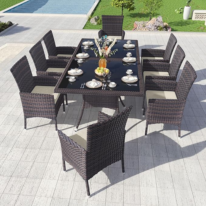 Kullavik 10 Pieces Outdoor Dining Set Patio Rattan Furniture Set,Patio Dining Table and Chairs Set with 8 Chairs and Cushions,Square Glass Tabletop with Umbrella Hole for Patio,Backyard,Sand