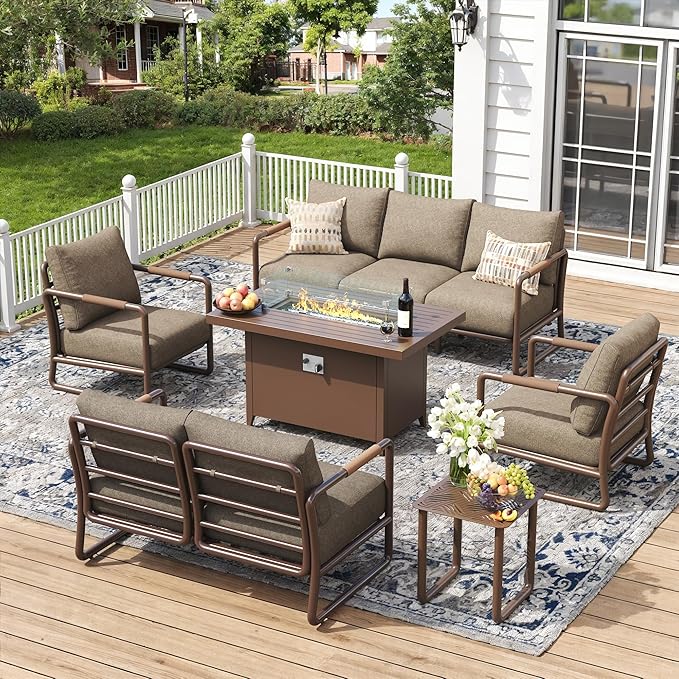 Outdoor Aluminum Patio Furniture Set, 7-Seats Patio Conversation Sofa Set with Oversized Fire Pit Table w/Glass Wind Guard, All Weather for Balcony, Garden-Brown