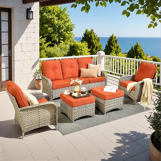 5-Piece Outdoor Patio Furniture Set,All Weather Wicker Rattan Patio Seating Sofa and Chair Set with Ottomans,Outdoor Conversation Sets with 3 Seater Couch for Porch Deck Yard,Red