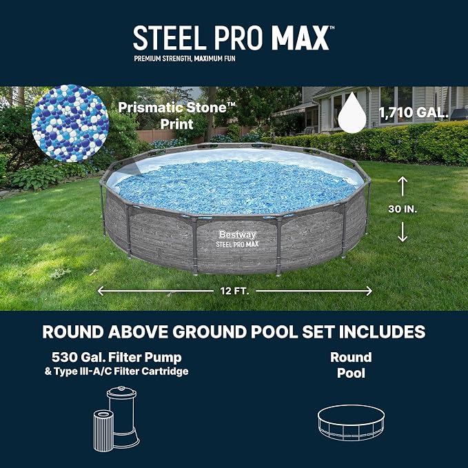 Bestway Steel Pro MAX 12' x 30" Above Ground Pool, Round Metal Frame Outdoor Swimming Pool Set with Filter Pump, Stacked Stone Print