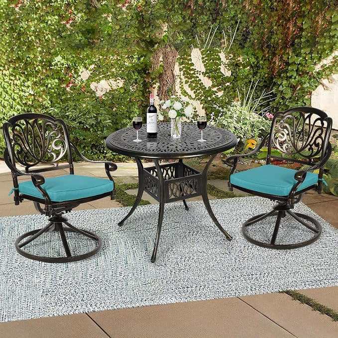 3-Piece Outdoor Patio Dining Set, All-Weather Cast Aluminum Patio Furniture Set for Backyard Garden Deck with 2 Swivel Cushioned Chairs and 35.4” Round Table, 2" Umbrella Hole, Ocean Blue