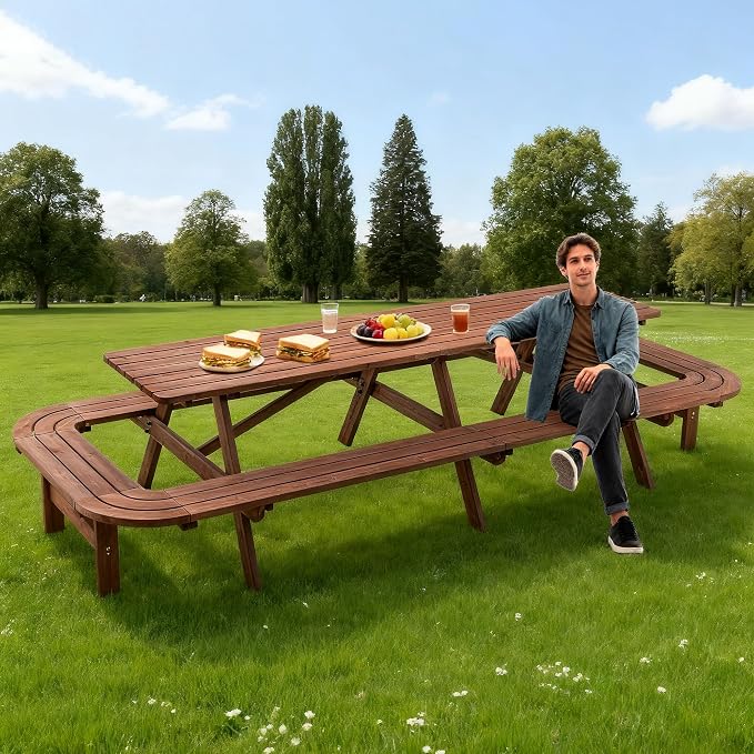 16 Person Wood Picnic Table with Attached Benches & Umbrella Hole,Rectangle Brown Outdoor Wooden Dining Table & Chairs for Patio Yard Garden Porch Deck