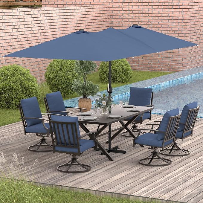 Gotland 7 Piece Outdoor Dining Table and Chairs for 6 with 14Ft Double-Sided Umbrella, Patio Swivel Dining Chairs for 6, Rectangular Patio Dining Table with Umbrella Hole Outdoor Patio Set