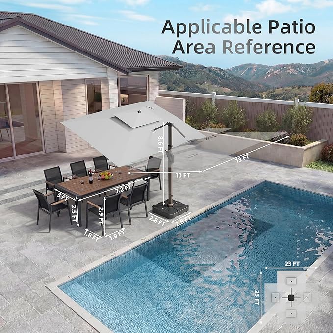 10 X 13 FT Cantilever Patio Umbrella with Led Lights Outdoor Rectangle Offset Large Double Top Heavy Duty Umbrellas with 360°Rotation for Pool Deck Backyard Garden, Fog Gray