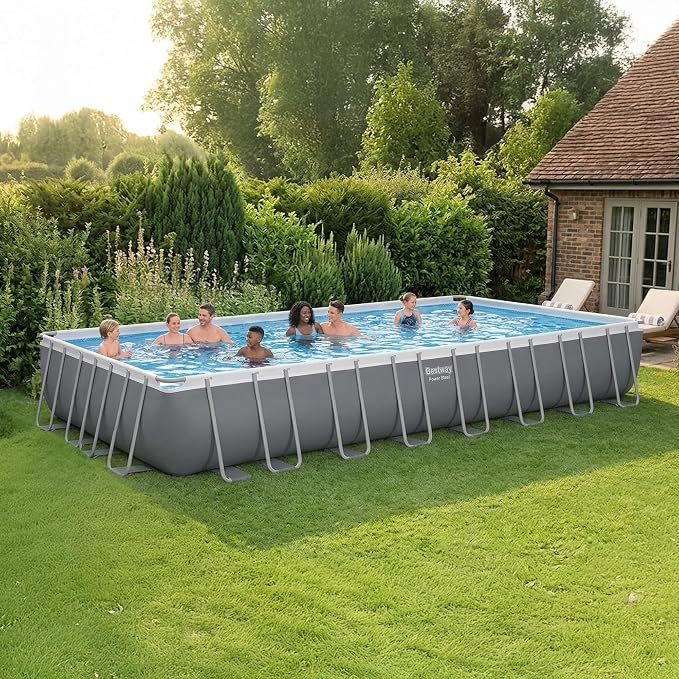 Bestway Power Steel 31’4" x 16' x 52” Above Ground Pool, Rectangular Metal Frame Outdoor Swimming Pool Set with Sand Filter Pump, Ladder, and Cover