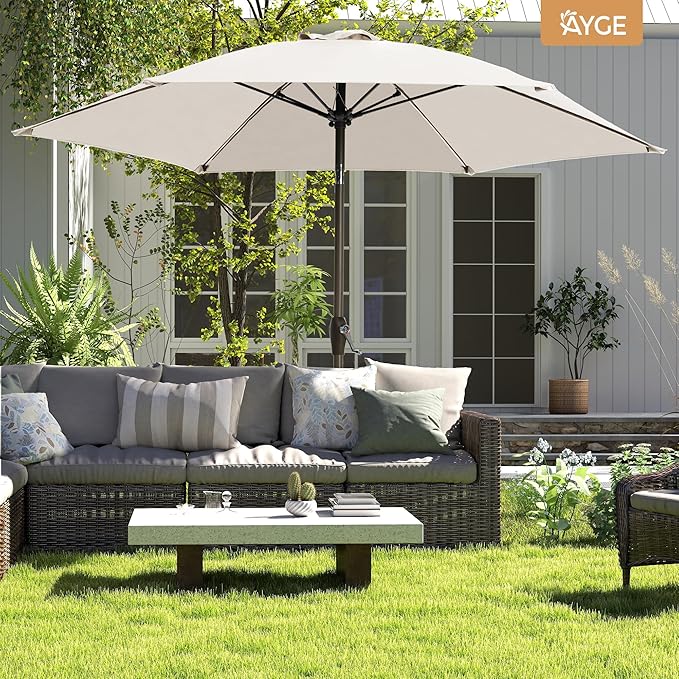 Ayge 7.5FT Large Outdoor Patio Umbrella Market Table Umbrella-UV Resistant, Easy Push Button Tilt and Crank, 6 Sturdy Fiberglass Ribs Heavy-Duty Pool Umbrella for Deck, Backyard,Garden, Yard,White