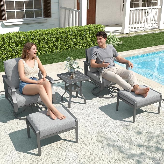 Outdoor Swivel Rocker Chairs w/2 Ottomans, Coffee Table, 5 Piece Metal Patio Conversation Bistro Set with 5" Thickened Cushions, Aluminum Frame for Porch, Backyard, Balcony, Gray