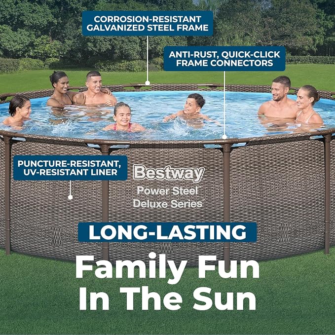 Bestway Power Steel 14’ x 42” Above Ground Pool, Round Metal Frame Outdoor Swimming Pool Set with Filter Pump, Ladder, and Cover, Brown