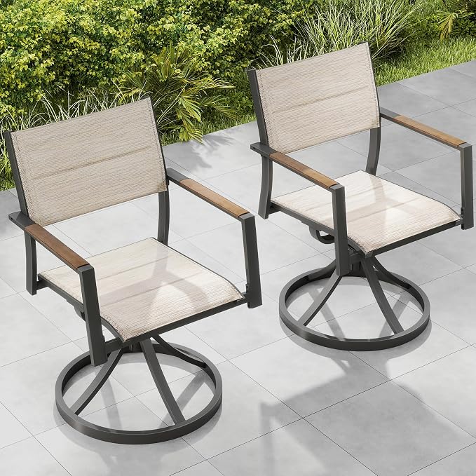 Patio Swivel Chairs Set of 2, Outdoor Swivel Rocker Dining Chair, Outdoor Dining Chair, All Weather Patio Chair with Textilene & Aluminium Frame for Outdoor Poolside Lawn, Brown Armrest