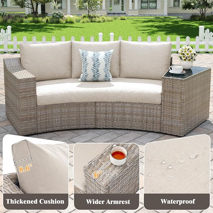 LUXOAK 8-Piece Wicker Patio Furniture Set, Curved Sectional Sofa with 2 Storage Side Tables, All-Weather Outdoor Conversation Set with 6" Armrests & Thick Cushions, for Backyard/Garden/Deck