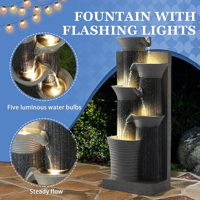5-Tiers Outdoor Garden Water Fountain with Cascading Rock, Fountains and Waterfalls w/LED,Indoor/Outdoor Floor Standing Water Feature w/Bamboo Joint Decor for Patio, Backyard (Grey)